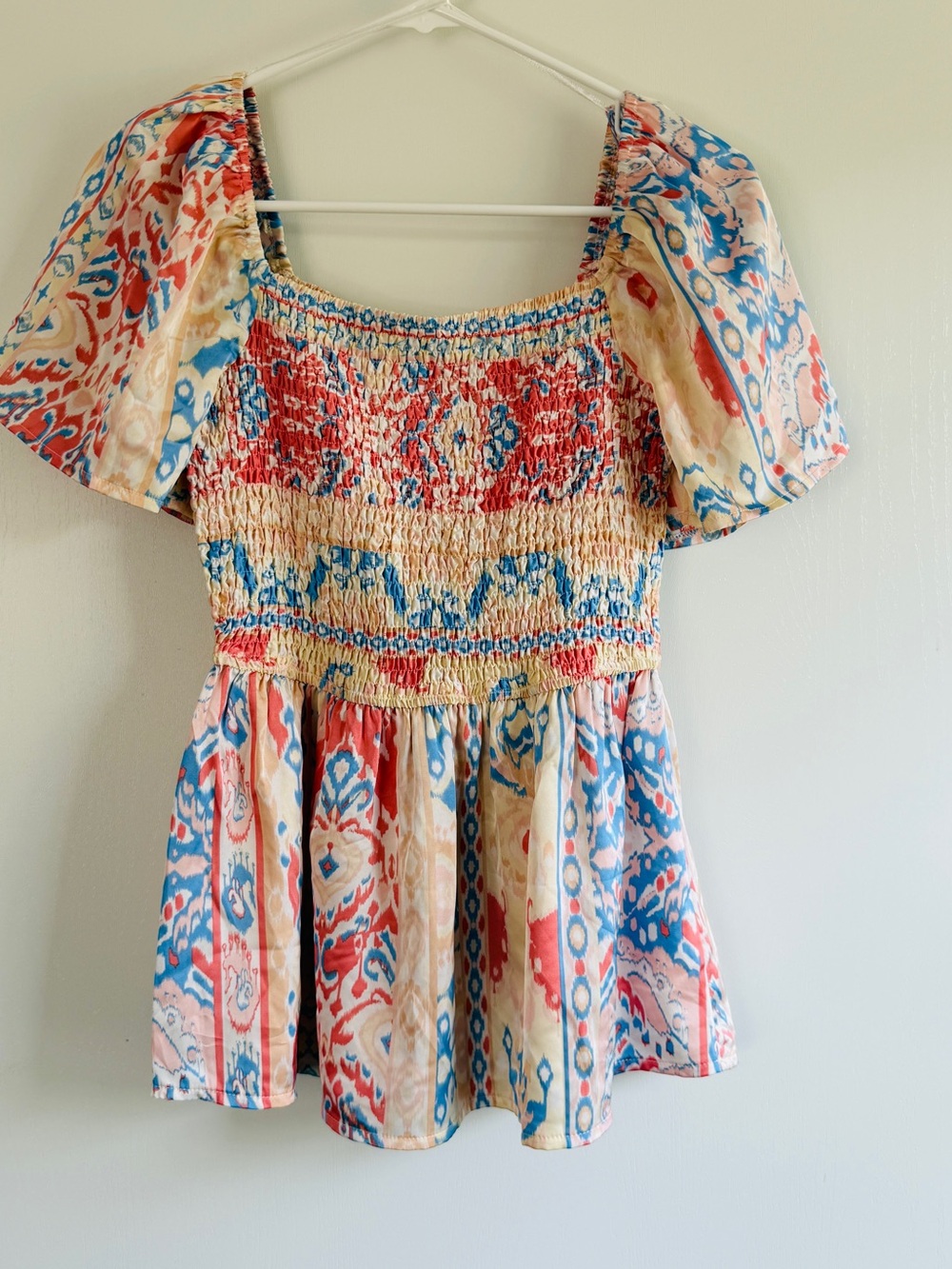 Gigio Smocked Square-Neck Blouse in Blue and Coral Ikat NWOT Boho Milkmaid
